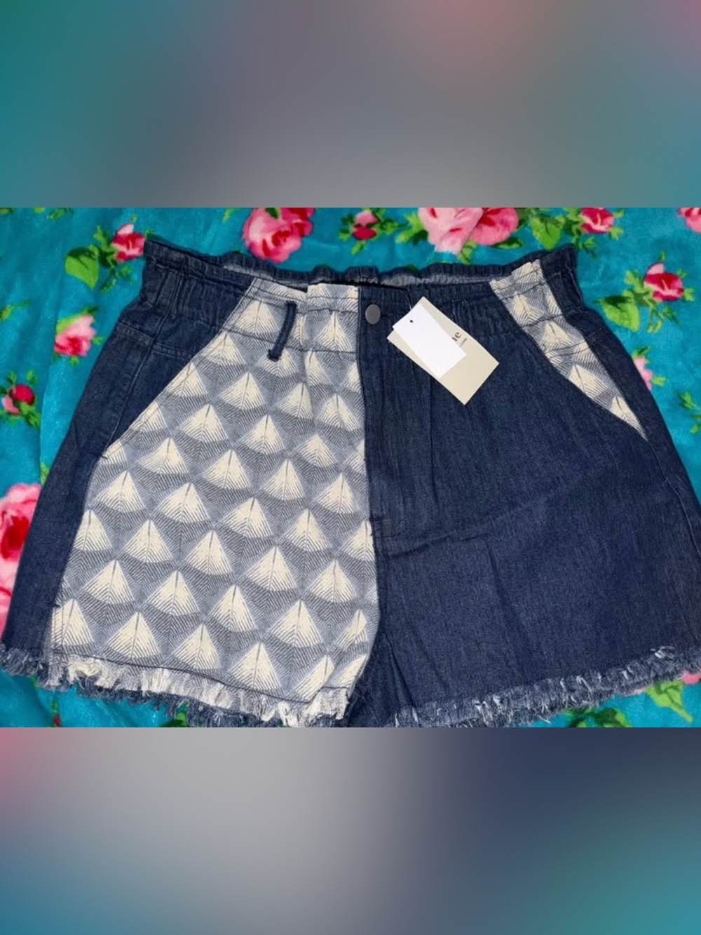 Large Denim Mini Skirt with Geometric Print